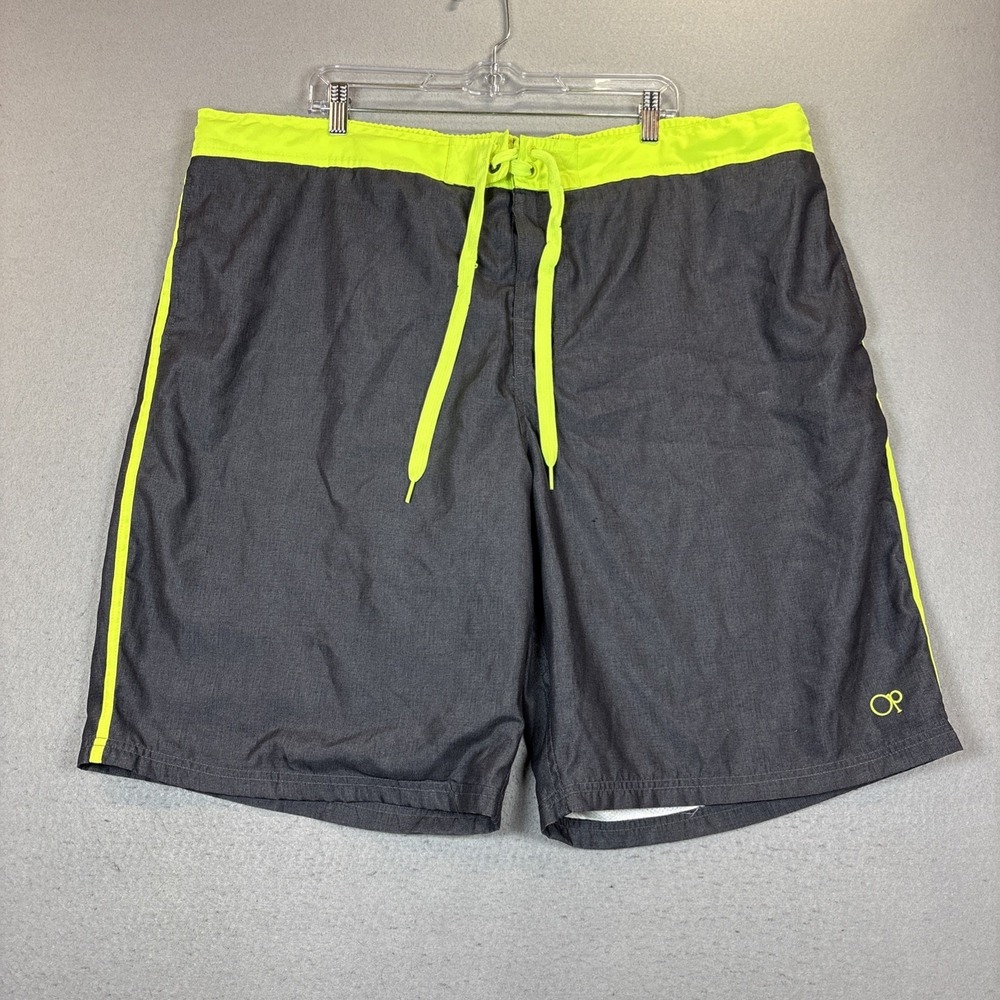 Ocean Pacific OP Men's Swim Trunks 2XL Gray/Green Stripes, Drawstring, Pockets